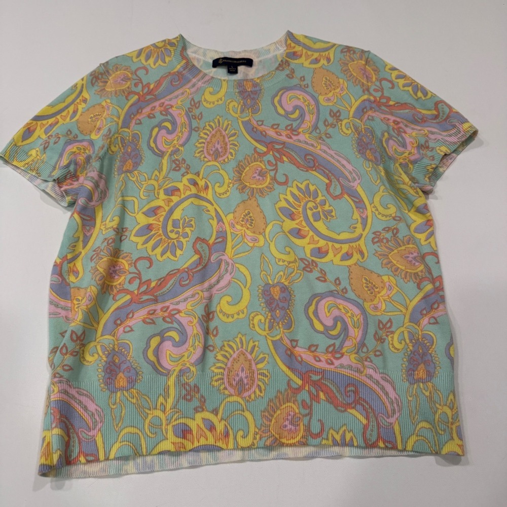 Brooks Brothers Womens 100% Cotton Paisley Short Sleeve Knit Top Green Large
